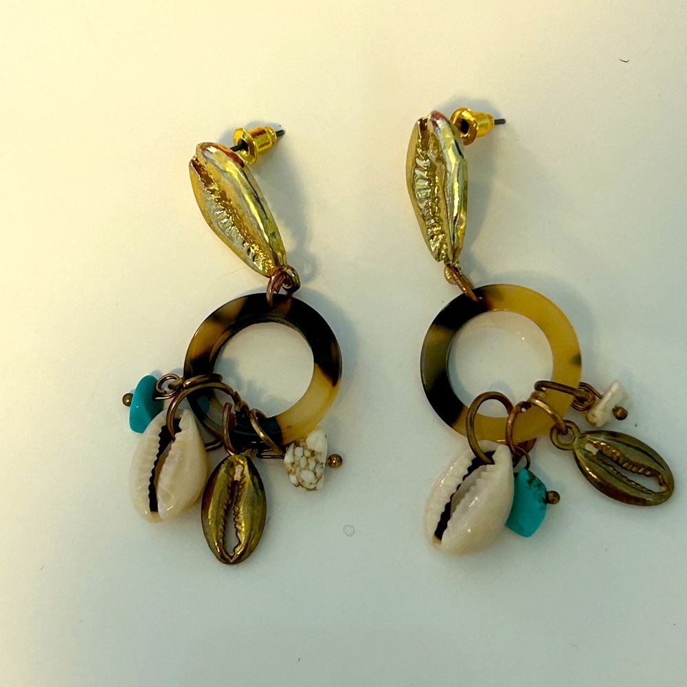 🐚 Gold-Plated Tortoise Shell Earrings w/ Shell & Turquoise Accents✨